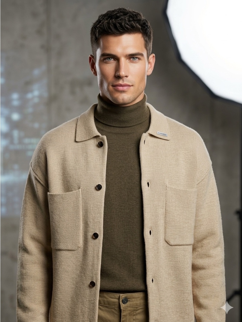 Civil Society Men's "Beaton" Boxy Sweater Jacket – Heather Oatmeal, Size Large